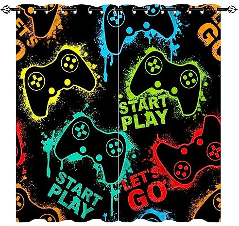 YUANZU Gamepad Vorhänge Kinder Gamer Joystick Spiel Ösen Gardinen mit Blickdichte Thermo Vorhang Kälteschutz Blackout Curtain Kinderzimmer Schlafzimmer Verdunkelung Fenster, 2 Stück, H 260 x B 140 cm