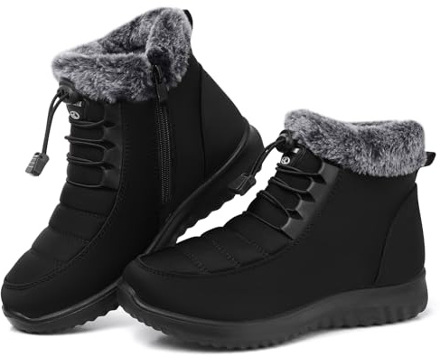 SHIBEVER Winter Boots for Women Snow: Black Fur Lined Warm Ankle Boots - Cold Weather Water Resistant Outdoor Zipper Snow Shoes Size 7