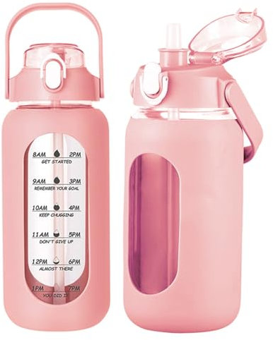 32oz Water Bottle with Straw Glass Water Bottles with Time Marker and Silicone Sleeve Motivational Sports Drinking Bottle for School Office Use Style3,Water Bottles, Water Bottles with Straw, Glass W