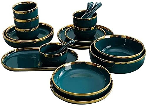 Piatti Ciotola Verde con Bordo Oro Servizio da tavola in ceramica, Servizio da tavola in ceramica Servizio da tavola in porcellana, Set da 18 pezzi