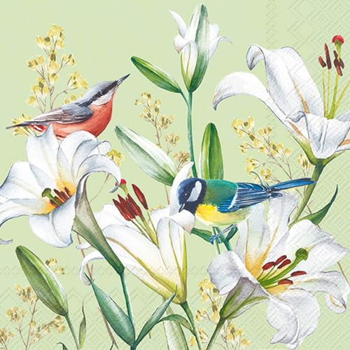20 Servietten Blumen, Garten & Natur Vögel in Lilien als Tischdeko. Papierservietten mit Motiv. Auch für Decoupage und Serviettentechnik 33x33cm
