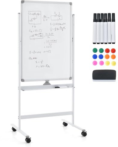 GOPLUS Tableau Blanc Effacable Amovible 60 x 90 CM avec Hauteur Réglable 151-178cm, Tableau Blanc Magnetique Rotatif 360° avec 4 Roues, 1 Effaceur, 12 Aimants, 6 Marqueurs, Double Face pour École