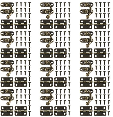 36 Stücke Antike Latch Hook Hasp, 12 Stücke Antik Riegel Haken Verriegelung Verschlusshaken Vorhängeschloss + 24 Kleine Box Scharniere mit Schrauben, für Schmuckkästchen, Holzkiste Dekoration