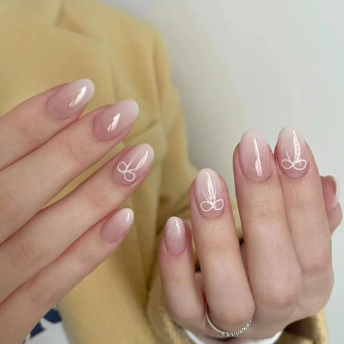 Faux Ongles Court MouyouGlow,Amande Babyboomer Nude Rose Ombre Blanc Bow Print Press on Nails avec Colle à Ongles,Inspo Valentines Noeud Papillon Fake Nails