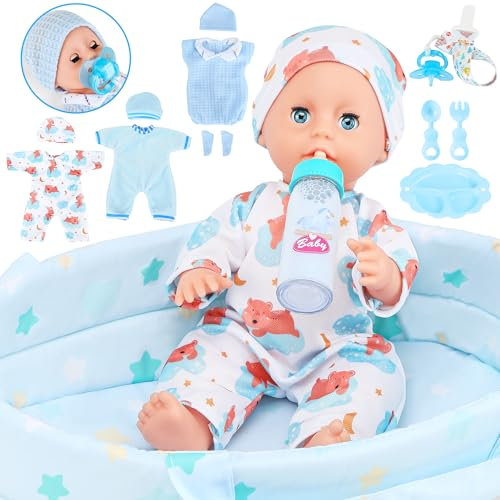 GirlDiary Babypuppe, 30,5 cm, Jungen-Puppen-Set mit 3 Kleidungsstücken und Zubehör, Tragetasche, Stubenwagen, Flasche, Schnuller, Decke, Pretend Play Kleinkindspielzeug für Alter 3-8 Jahre