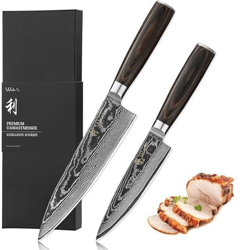 Wakoli EDIB Essentials 2er Set Damastmesser - 30 cm und 24 cm Profi Santoku Küchenmesser - 67 Lagen Damaststahl - Pakkaholzgriff - Inklusive Geschenkbox und Fingerschutz