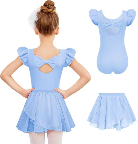 Arshiner Balette Tanzkleid Mädchen Ballettkleid Kurze Ärmel Ballettkleidung Kinder Ballettrock und Balletttrikot Baumwolle Tanzbody Ballett für Kinder Tutu Blau 5-6 Jahre
