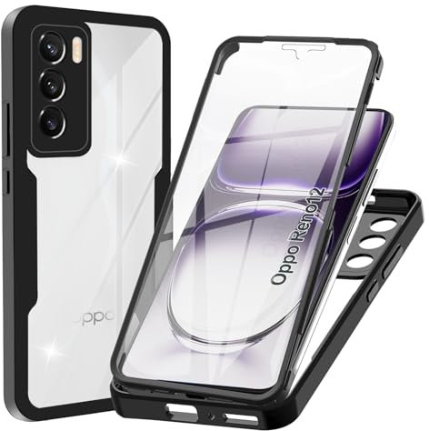 WeiCase Cover per Oppo Reno 12 5G, Custodia Antiurto con Protezione dello Schermo Integrata, 360° Sottile Cover Transparente Silicone Custodia per Oppo Reno 12, Nero