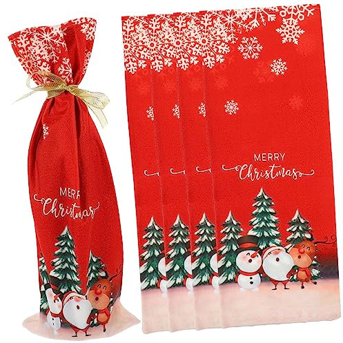 CIYODO 5pcs Creative Xmas Wine Bags Decorative Drawstring Wine Bottle Covers for Christmas Parties Fun and Holiday Bottle Pouches Washable and Reusable Christmas