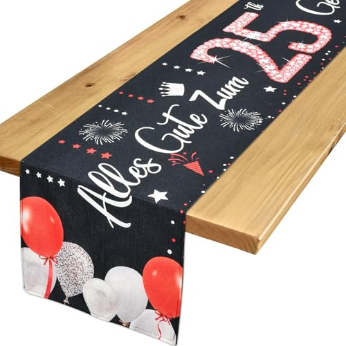 Tischläufer 25 Geburtstag Deko 25. Geburtstag Frau Mann Rot Schwarz Tischdeko Geburtstag zum Ihn Ihr Jahrestag Feier Party Dinner Tisch Leinen Tischdecke Deko für Zuhause, 183x33 cm