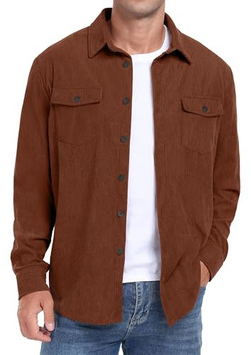 QIXING Men's Corduroy Button Down Shirts Long Sleeve Shacket Trucker Jacket Autumn Winter Coats with Flap Pockets (Brown, L)