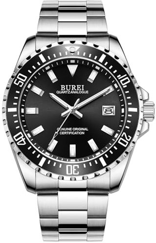 BUREI Uhr Herren Schwarz Edelstahl Analog Quarz Herren Armbanduhr Klassische Business Großes Zifferblatt Herrenuhr mit Datum Geschenke für Männer