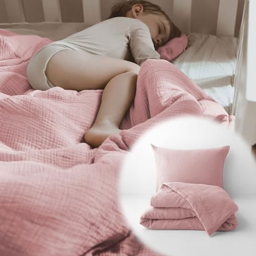 PaLulli® Bettwäsche Musselin Set 155x220 cm | Kissenbezug 80x80 cm | Kinderbettwäsche aus 100% Bio Baumwolle Oeko-TEX zertifizierte Babybettwäsche 155x220 cm + 80x80 cm (Rosa)