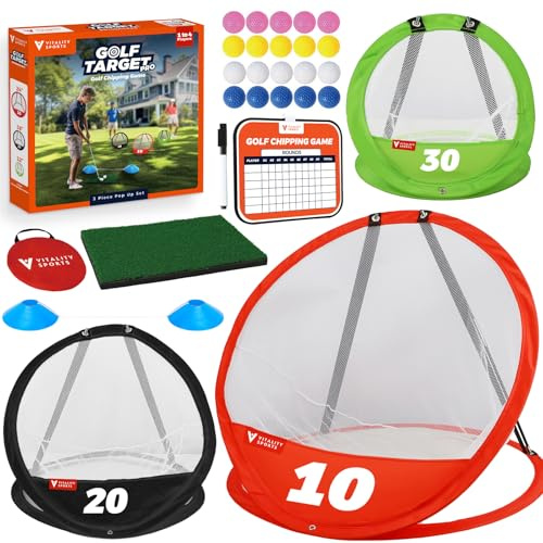 Vitality Sports Golf-Chipping-Netz, 3 Stück, Pop-Up-Golf-Übungsnetz für Hinterhof, Indoor-Outdoor-Chipping-Spiel mit 3 Zielen, 1 Schlagmatte, 20 Bälle, Tee-Box, Golf-Geschenk für Männer