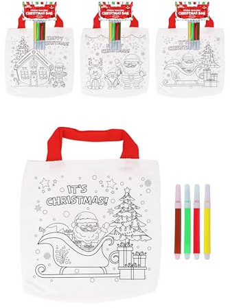 HENBRANDT Christmas Colour Your Own Bag Xmas Graffiti Party Bag Christmas Tote Bag for Kids 3 Festive Designs Colour Your Own Christmas Arts and Crafts for Boys and Girls