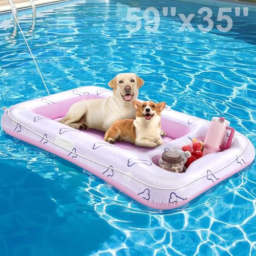 Pawaboo Flotteur de Piscine pour Chien, Flotteur de Piscine Gonflable pour Chiens de Taille Moyenne à Grande Jusqu'à 220 Livres, Radeau pour Chien avec Deux Poignées, Aire de Collation, Rose