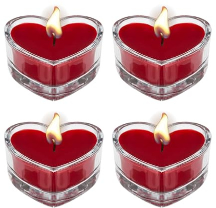 AKH® Heart Shaped Candles in Glass Jar Holder | Pack of 4 | Romantic Valentine's Day Candles, Ideal for Weddings, Home Décor, and Special Occasions | Love Heart Tea Lights | 4.5CM