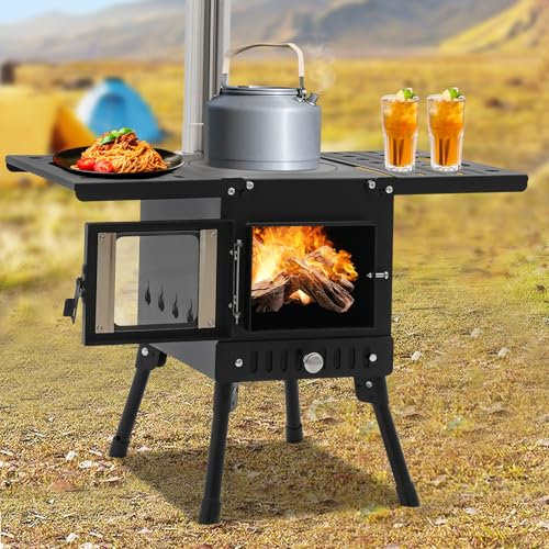 Poêle à bois portable pliable pour camping, extérieur, tente avec tuyaux de cheminée, four de camping, four d'atelier, réchaud d'extérieur, noir