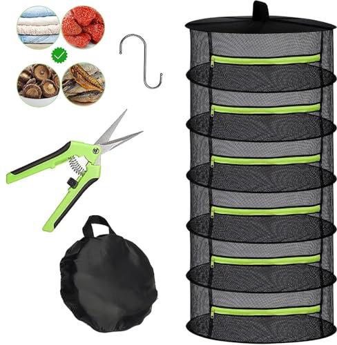 Cerkkapo Trockennetz Kräuter,6-Lagiger Kräutertrockner Hängend,Faltbar Trockennetz mit Astschere und Haken,Trockennetze zum Aufhängen Kräuter,Trocknungsnetz für Pflanze,Gewürze,Blumen,Gemüse