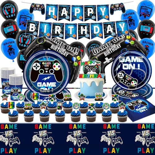 Party Geburtstags Deko Gamer-83Pcs Videospiel Ballons Geschirr Pappteller Tischdecke Banner Geburtstags Birthday Cake Topper Tableware Supplies Servietten Tassen für Kindergeburtstag Junge Mädchen