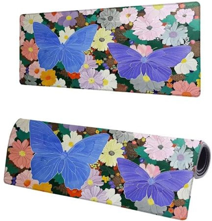 Large Mouse Mat Flower, XXL Butterfly Gaming Mouse Pad Desk Pad 700x300x3mm, Keyboard Mat with Non-Slip Rubber Base, Soft Smooth Surface, Stitched Edges Mousepad, Improved Precision and Speed D-3