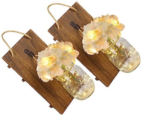 Ciieeo Rustic Mason Jar Wall Lights Led Mason Jar Decorations 2 Sets Wall Art Light Jars for Home Decor