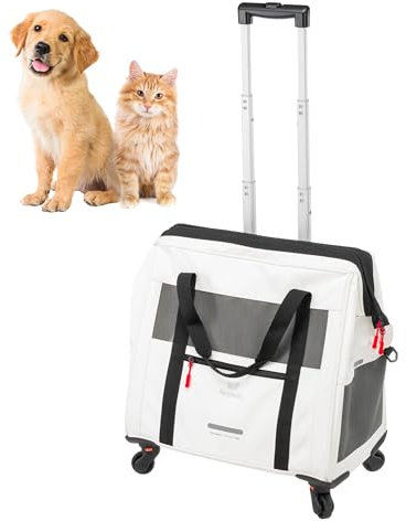 Ferplast Hundebox Voyager Trolley, Transportbox Katze, Hundetasche, ausziehbarer Griff, verstellbare Gurte, breite Öffnung, abnehmbare Räder, aus Öko-Leder, max. 15 kg, 46 x 26 x 48H cm, Weiß