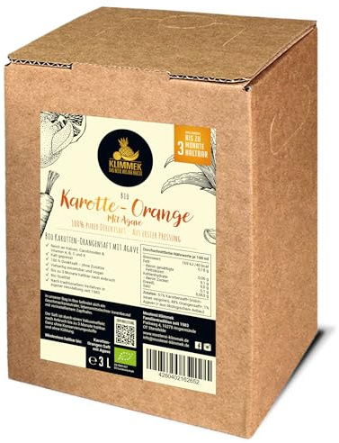 Bio Karotten-Orangen-Agavensaft 3L – 100% Direktsaft aus Karotte & Orange mit Agavendicksaft – ohne Zuckerzusatz, vegan & naturtrüb – kaltgepresst im Bag-in-Box Karton