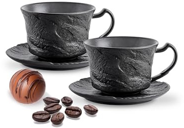 Wilmax - Schwarzer Espressobecher mit Untertasse - 2 Stück - 75 ml - Becher aus Porzellan - Espressotassen - Teetassen - Kaffeetassen - Kaffeeservice 2 Personen