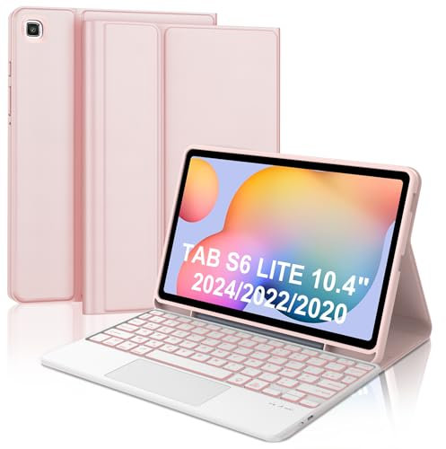 WAVATA Clavier pour Samsung Galaxy Tab S6 Lite 10.4 Pouces 2024/2022/2020 avec Pavé Tactile, Étui Clavier pour Tab S6 Lite Rétroéclairées Bluetooth Magnétique Français AZERTY Layout, Rose