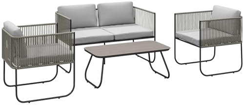 Outsunny Set di Mobili da Giardino in Rattan 4 Pezzi, Salotto da Esterno con Divanetto 2 Posti, 2 Poltrone, Tavolo da Caffè in Vetro e Cuscini Lavabili, Set Giardino Esterno in Acciaio, Grigio Chiaro