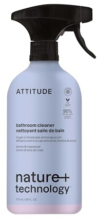ATTITUDE Bathroom Cleaner Spray, EWG Verified, Eliminates Soap Scum, Limescale, Streak Free, Lemon & Rosewood, 770 mL