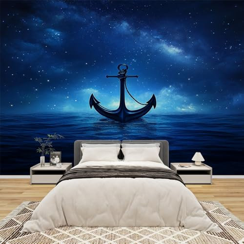 GEDAEUBA Papier Peint Panoramique Bleu Marine, Papier Peint Intissé Motif Ancre Nautique, Tapisserie Panoramique Salon, Décoration Murale Chambre, 250x175 cm