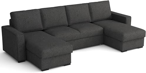 MEBLE-LUX - Ecksofa U-Form, 300 cm Breit Schlafsofa Bergamo U, Sofa XXL mit Schlaffunktion und Zwei Bettkasten, 4-Sitzer Sofas & Couches, Plüsch-Stoff Schlafcouch - Schwarz