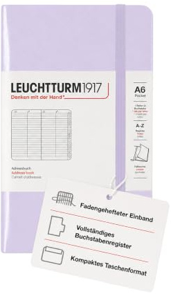 LEUCHTTURM1917 Adressbuch Pocket A6, Hardcover, A–Z Register, Lilac | Fadenheftung, Falttasche im Einband, Verschlussgummi und Lesezeichen