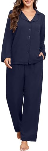 PrinStory Women's Pyjama Sets Button Up Pajamas Long Sleeve Tops And Wide Leg Bottoms With Pockets Soft Nightwear Loungewear (Navy Blue, L)