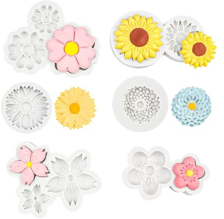 Set di 6 stampi in silicone a forma di fiori, fiori di ciliegio e pesco, girasoli, fondente, cioccolato, caramelle, caramelle, decorazioni per torte e torte