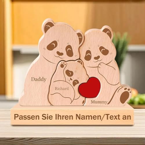 Personalisiertes Holzpuzzle mit Bärenfamilie individueller Name mit 2-7 Familiennamen Tierische Dekorationsornamente personalisierte Geschenke für Mama Papa Muttertag Geburtstag Jahrestag (Panda)