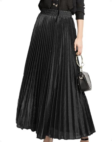 EMOTTOS Damen Herbst Winter Maxi Metallisch Rock, A-Linie Glänzendem Plisseerock mit Elastischer Hohe Taille, Elegant Casual Lang Skirt für Party Hochzeit Büro, Schwarz/Gold, One Size