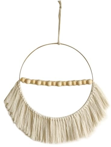 Bosiyrggrl Bohemian Wooden Bead Cotton Rope Pendant Woven Tassel Round Wall Pendant Home Bedroom Decoration