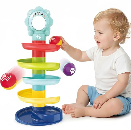 Muslecid 5 Etagen Ball Drop Spielzeug ab 9 Monaten, 2-Stufiger Kugelturm mit 2 Bällen, Pädagogisches Ursache-Wirkungs-Spielzeug für Baby, Sicher & Interaktiv für Kinderzimmer und Kindergarten (Löwe)