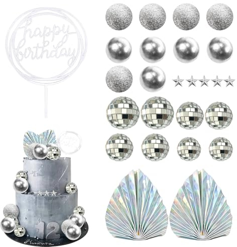 Cake Balls Decoration, Ball Cake Toppers, Silver Disco Balls Cake Toppers with Palm Fan and Cake Insert, Boho Cupcake Toppers for Wedding Party Anniversary(26 Pcs, Silver)
