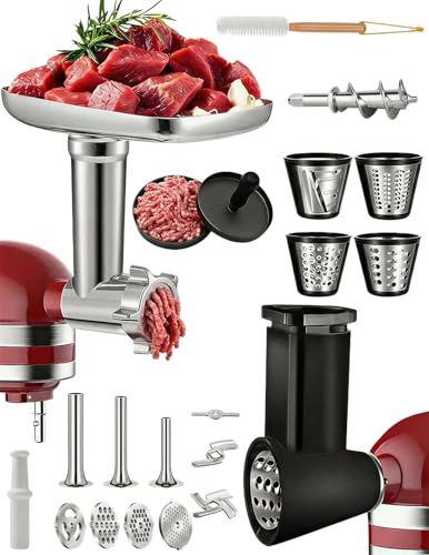 TechVizrs Fleischwolf Aufsatz für KitchenAid Standmixer | Edelstahl Fleischwolf Aufsatz Enthält 3 Wurstfüller, Reinigungsbürste, Slicer Shredder Set für KitchenAid