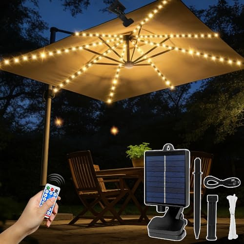 HuaMuDM Illuminazione per Ombrellon,Luci Solari per Ombrellone,104 LED,8 Modalità,IP67 Impermeabile,con telecomando,USB,Decorazione Ombrelloni,Giardino,Tenda da Campeggio