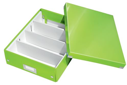 Leitz Click & Store Aufbewahrungsbox mit Deckel Mittel-Groß, Box mit Trennwänden für Zubehör im Büro oder Utensilien im Haushalt, Transportbox aus 85 % recycelter Premium-Hartpappe, Grün, 60580054