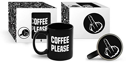 Framan Taza, mug Divertida con la Frase Coffee Please y en la Base una Mano Haciendo una peineta