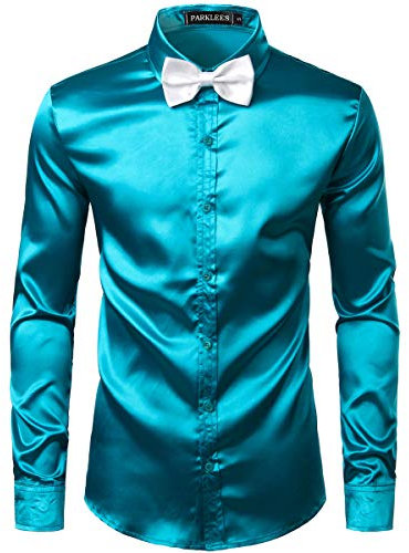 PARKLEES Men's Luxury Shiny Silk Like Satin Long Sleeve Dress Shirts for Party Disco Prom PZLCL14 Turqoise L