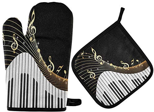 HMZXZ RXYY Schwarz Musik-al Notes Klaviertaste Ofenhandschuhe Gesteppt Baumwolle Beschichtung Topflappen BBQ Handschuhe-Ofenhandschuhe Hitzebeständig Küche Sicher Matten für Backen Kochen