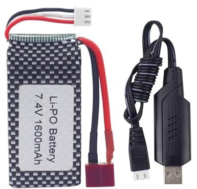 ZYGY 1PCS 7.4V 1600mah Batterie au Lithium Haut débit tête en T avec 1PCS 7.4V câble de Charge USB pour 9125 25-DJ02 S920 S921 1:10 Batterie de Secours de véhicule Tout-Terrain à Grande Vitesse