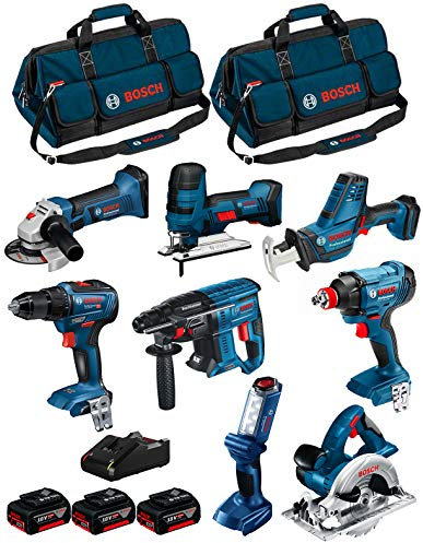BOSCH Kit 18V BK801BAG (GDX 18V-180 + GSR 18V-55 + GBH 18V-21 + GKS 18 V-LI + GST 18 V-LI S + GWS 18-125 V-LI + GLI 18V-300 + GSA 18 V-LI C + 3 Batterie di 4,0 Ah + Caricabatterie + 2 Borse)